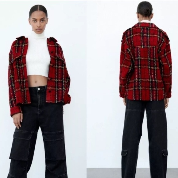 Zara Red Textured Tweed Oversized Shacket - Picture 3 of 12